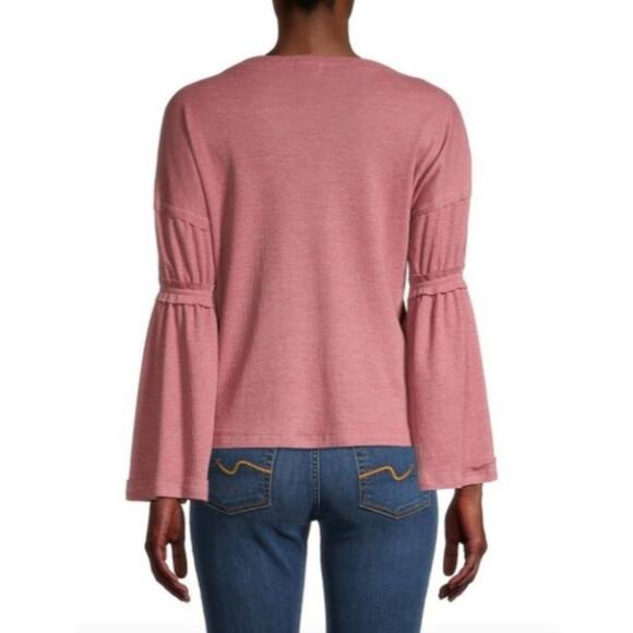 Baea Thermal Waffle Knit V-neck Tiered Bell Sleeve Top Size Medium Boho Bohemian - Picture 2 of 7